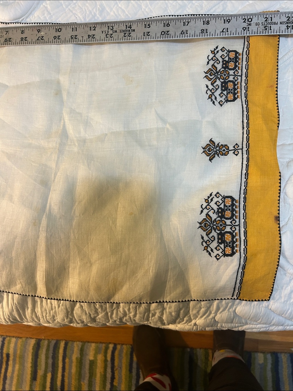 Cross stitched table mat with Mustard Border. Intricate!